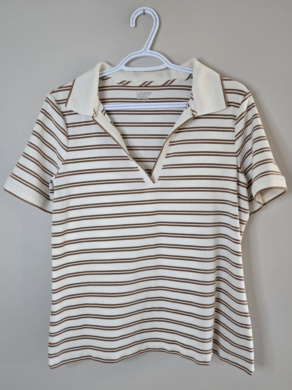 Lands' End cream + brown ribbed striped notch-collar polo tee, large, new